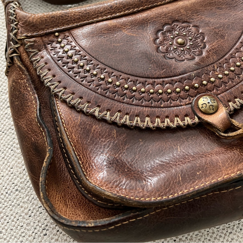 Patricia Nash Tooled Leather Brown Adjustable Beaumont Flap Boho Crossbody Bag - Picture 5 of 11